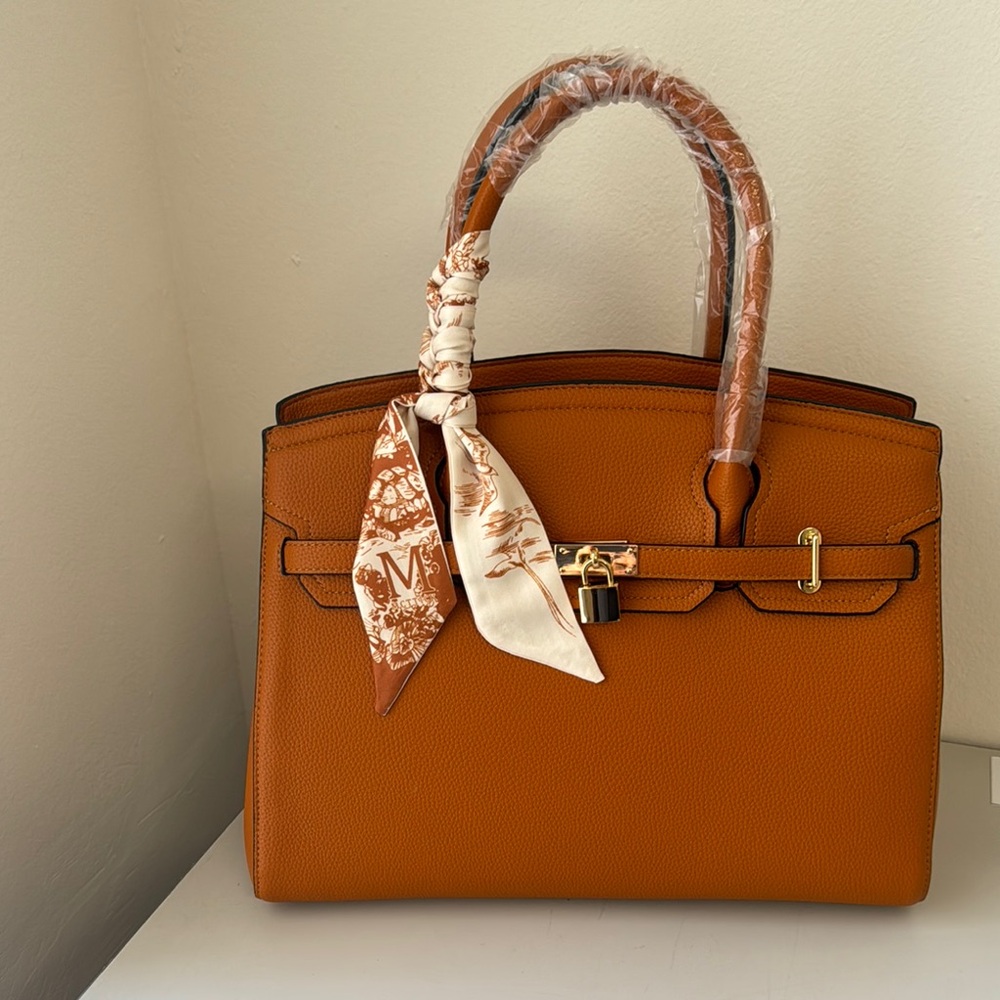 Sophisticated Tan Leather Satchel with Silk Scarf
